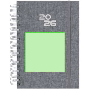 A grey diary features a spiral binding, elastic closure, and a blank green square for personalisation.