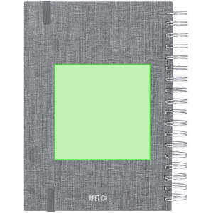 A grey spiral-bound diary with a textured cover and a green square section, featuring a logo at the bottom.