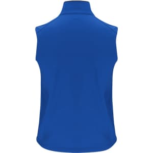 A blue soft shell vest with a high collar and no sleeves, featuring a logo on the back.