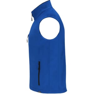 A blue soft shell vest with a zippered front and pockets, featuring a logo on the side.