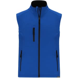 A blue soft shell vest with a black zip, featuring three zippered pockets and a collar.