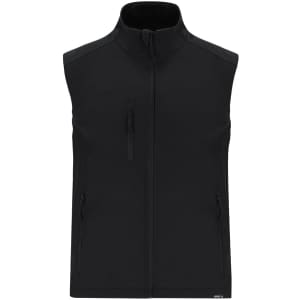 A black soft shell vest with a high collar, featuring zippered pockets and a logo on the lower hem.