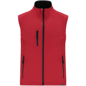 A red soft shell vest with a black collar and multiple zippered pockets. Features a logo on the front.