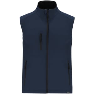 A navy soft shell vest featuring a front zip and multiple zippered pockets, with a logo on the side.