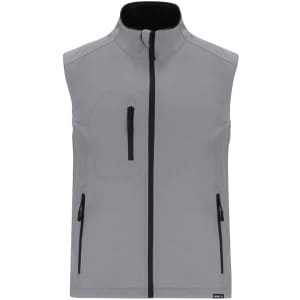 A soft shell vest in light grey with a high collar and multiple zippered pockets, featuring a logo.