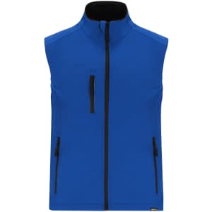 A blue soft shell vest with a high collar and three zippered pockets, featuring a logo.