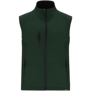 A green soft shell vest with a high collar and multiple zippered pockets. Features branding on the lower edge.