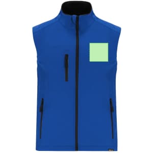 A blue soft shell vest featuring a front zip, two side pockets, and a small patch area. It has a logo on it.
