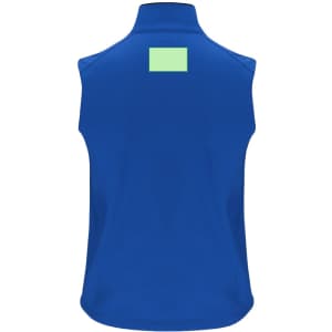 A blue soft shell vest with a collar and a section at the back for branding.