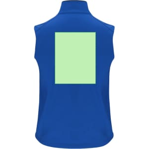 A blue soft shell vest featuring a light green rectangular area on the back and a logo.