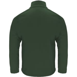 A soft shell jacket in dark green, featuring a collar and a smooth, uninterrupted back design.