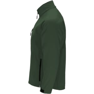 A soft shell jacket in dark green, featuring a zippered front and pockets, with a logo on the sleeve.