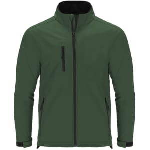 A soft shell jacket in dark green with black accents, featuring zippered pockets and a high collar.