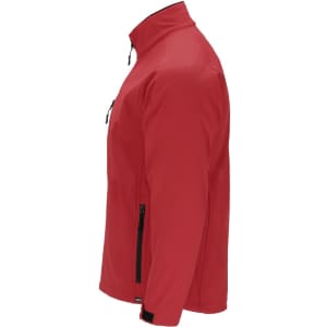 A red soft shell jacket with a stand-up collar and zippers on the front and sides. It features a logo.