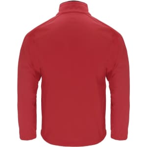 A red soft shell jacket with a collar and long sleeves, featuring a logo on the back.