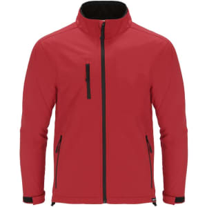A red soft shell jacket with black accents and three zippered pockets. It features a high collar and a sleek design.