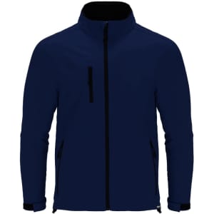 A soft shell jacket in navy blue with black accents and a zippered front. Featuring pockets and a logo.