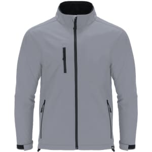 A soft shell jacket in grey with black accents and a zippered front, featuring two side pockets and a logo.