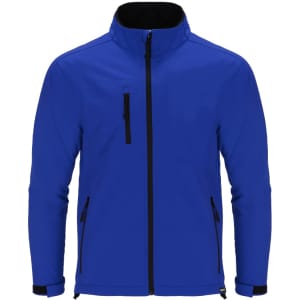 A blue soft shell jacket featuring a zippered front pocket and black accents on the zippers and cuffs.