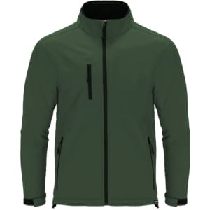A green soft shell jacket with zippered pockets and a high collar, featuring a logo on the chest.