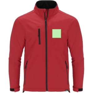A red soft shell jacket with a zippered front and pockets, featuring a small square patch and a logo.