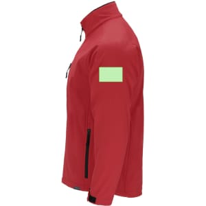 A red soft shell jacket with a zippered front, side pockets, and a green patch on the shoulder.