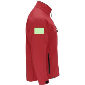 A red soft shell jacket with a zippered pocket and a logo on the sleeve.