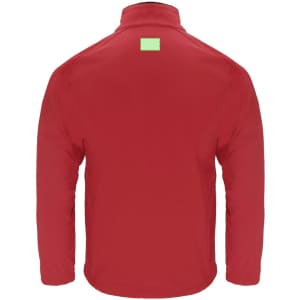 A red soft shell jacket with a distinctive green label on the back. It has a zippered front and long sleeves.