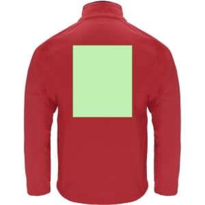 A red soft shell jacket featuring a plain green square on the back and a collar. The lightweight material is suitable for layering.