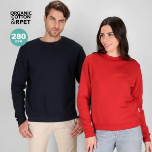 A navy sweatshirt and a red sweatshirt modelled by a man and woman, featuring a logo. Both made from organic cotton and RPET.