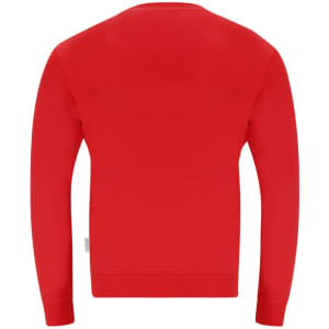 A red adult sweatshirt featuring a crew neckline and long sleeves, with a small logo on the side.