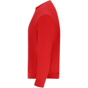 A red adult sweatshirt featuring long sleeves and a crew neckline, with a simple design and a logo.