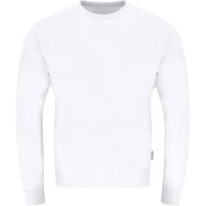A white adult sweatshirt with a crew neck and long sleeves, featuring a small logo on the side.