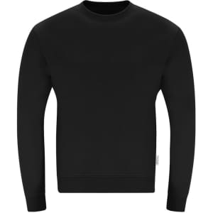 A black adult sweatshirt with a round neckline and long sleeves. It features a branding label at the hem.