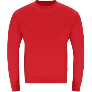 A red adult sweatshirt with a crew neckline and long sleeves, featuring a logo at the hem.
