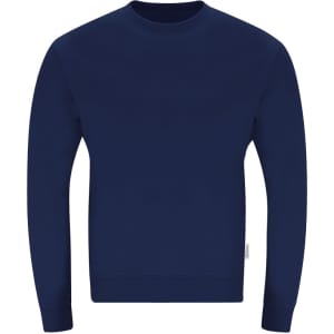 A navy blue adult sweatshirt with long sleeves and a rounded neck. It features a small branding logo.