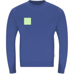 A blue adult sweatshirt featuring a small green patch on the front. It has a crew neck design and long sleeves.
