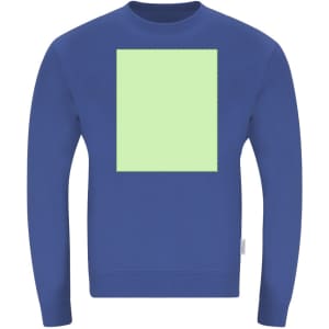 A blue adult sweatshirt featuring a solid green rectangular design on the front. It includes a branding label.