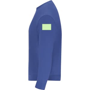 A blue adult sweatshirt with long sleeves and a green patch on the arm, featuring a logo.