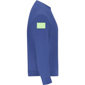 A blue adult sweatshirt with a light green square on the right sleeve, featuring a simple, classic design.