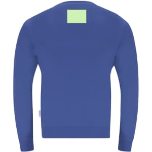 A blue Skelton adult sweatshirt with a solid back and a square patch. It features a logo on the side.