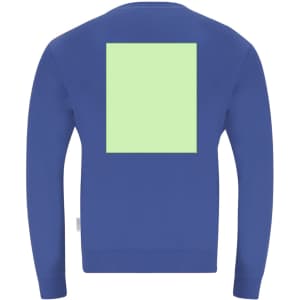 A blue adult sweatshirt featuring a large green square on the back and a logo tag at the side.