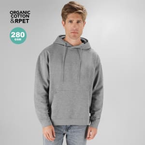 A grey adult hooded sweatshirt features a front pouch pocket and has a logo on it. Made from organic cotton and RPET.