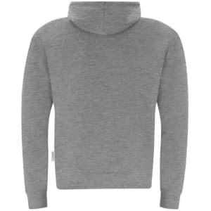 A grey adult hooded sweatshirt with a kangaroo pocket and a logo on the side. The back is plain.