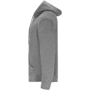 A grey adult hooded sweatshirt with long sleeves and a front pocket, featuring a logo on the chest.