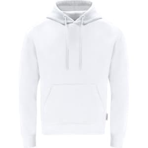 A white hooded sweatshirt featuring a front pouch pocket and drawstring hood. It has a simple design with a logo.