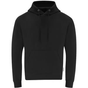 A black adult hooded sweatshirt with a front pocket and a drawstring hood, featuring a logo.
