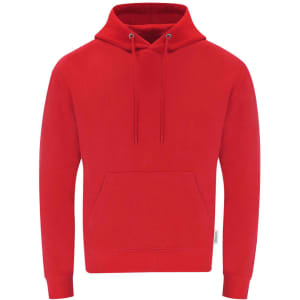 A red adult hooded sweatshirt with a front pocket and drawstrings. It features a logo on the side.