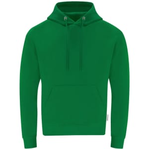 A green hooded sweatshirt with a front pocket and a drawstring hood. Features a logo on the side.