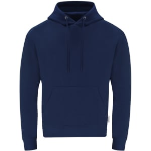 A navy adult hooded sweatshirt with a front pocket and drawstring at the hood, featuring a logo on the side.